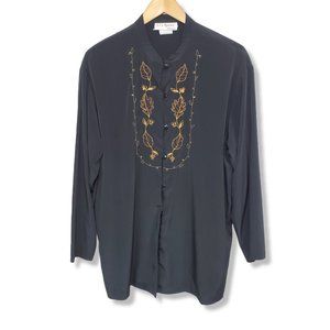 Vintage S.G. Sport Black Leaf Embroidered Mandarin Style Button-up Size Large